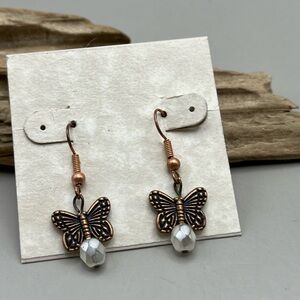 Handmade Artisan Copper Butterfly Earrings with White Faceted Beads -Gift Idea